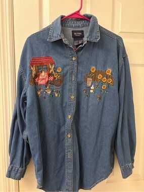 Solutions Denim  Embroidered Sunflower & Farm Shirt - Blue